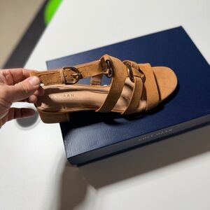Cole Haan Cognac Suede Strappy Sandal with Buckle Accents